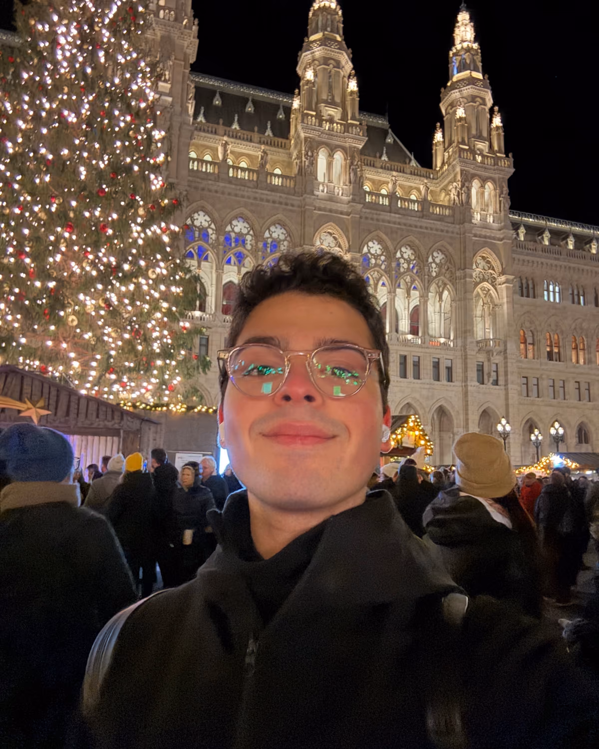 Selfie in front of the lit Christmas tree and city hall at the Vienna Christmas market